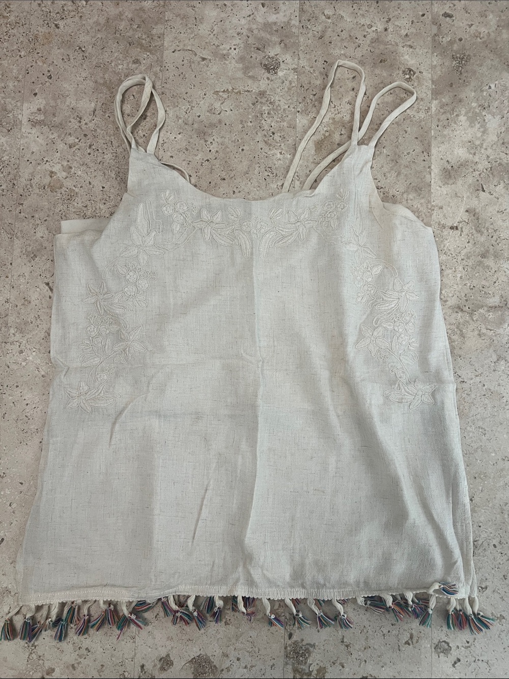 Embroidered Ivory Linen-Blend Spaghetti Strap Camisole